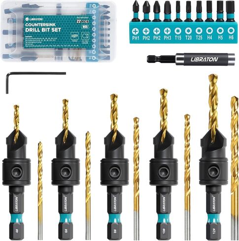 Libraton Countersink Drill Bit Set, 22 PCS Wood Counter Sink Drill Bit Adjustable, #4, #6, #8, #10, #12, Magnetic Drill Bit Holder Extension for Woodworking, Screwdriver Bits with Storage Box in Saudi Arabia