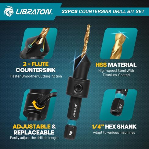 Libraton Countersink Drill Bit Set, 22 PCS Wood Counter Sink Drill Bit Adjustable, #4, #6, #8, #10, #12, Magnetic Drill Bit Holder Extension for Woodworking, Screwdriver Bits with Storage Box in Saudi Arabia