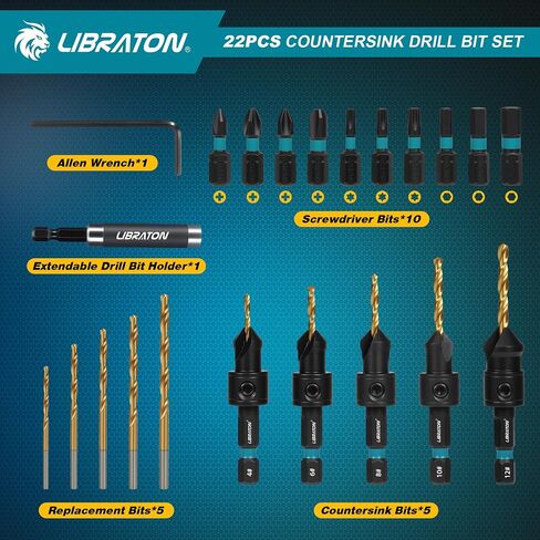 Libraton Countersink Drill Bit Set, 22 PCS Wood Counter Sink Drill Bit Adjustable, #4, #6, #8, #10, #12, Magnetic Drill Bit Holder Extension for Woodworking, Screwdriver Bits with Storage Box in Saudi Arabia