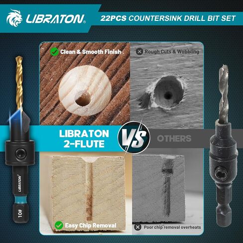 Libraton Countersink Drill Bit Set, 22 PCS Wood Counter Sink Drill Bit Adjustable, #4, #6, #8, #10, #12, Magnetic Drill Bit Holder Extension for Woodworking, Screwdriver Bits with Storage Box in Saudi Arabia
