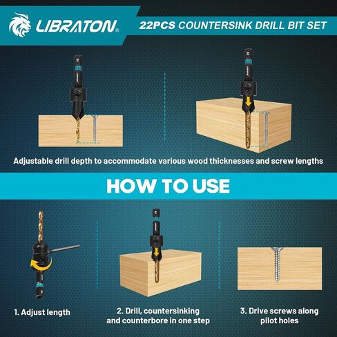 Libraton Countersink Drill Bit Set, 22 PCS Wood Counter Sink Drill Bit Adjustable, #4, #6, #8, #10, #12, Magnetic Drill Bit Holder Extension for Woodworking, Screwdriver Bits with Storage Box in Saudi Arabia