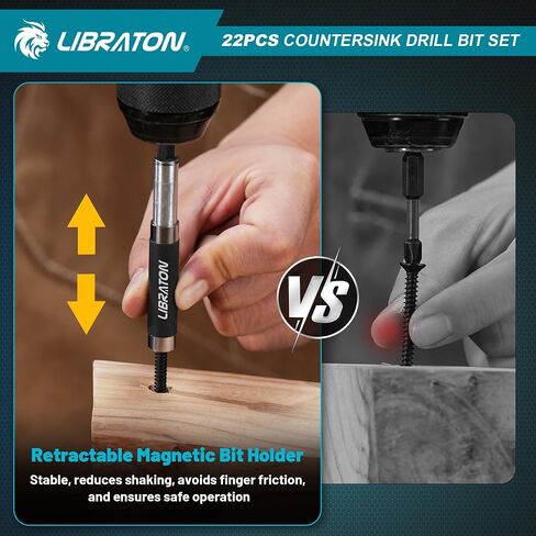 Libraton Countersink Drill Bit Set, 22 PCS Wood Counter Sink Drill Bit Adjustable, #4, #6, #8, #10, #12, Magnetic Drill Bit Holder Extension for Woodworking, Screwdriver Bits with Storage Box in Saudi Arabia