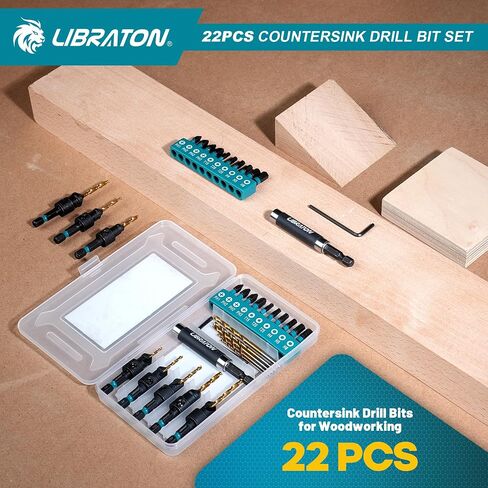 Libraton Countersink Drill Bit Set, 22 PCS Wood Counter Sink Drill Bit Adjustable, #4, #6, #8, #10, #12, Magnetic Drill Bit Holder Extension for Woodworking, Screwdriver Bits with Storage Box in Saudi Arabia