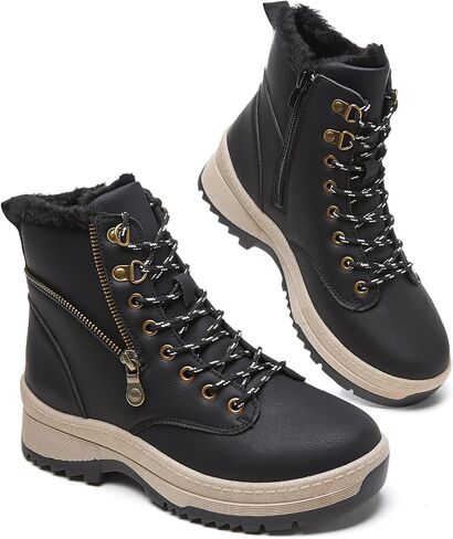 Adokoo Boots for Women Waterproof Fall Winter Ankle Boots Snow Platform Black Boots with Side Zipper Lace Up Non Slip for Hiking Work in Saudi Arabia