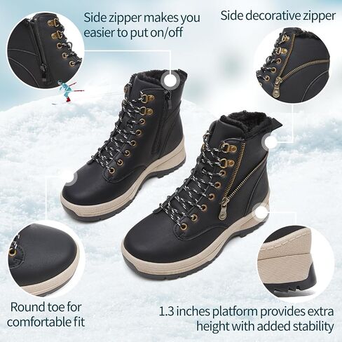 Adokoo Boots for Women Waterproof Fall Winter Ankle Boots Snow Platform Black Boots with Side Zipper Lace Up Non Slip for Hiking Work in Saudi Arabia