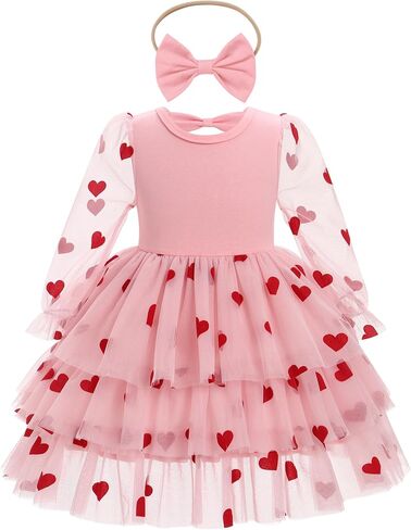 AWIBMK Kids Baby Girls Sheer Mesh Long Sleeve Tiered Tulle Tutu Dress Valentine's Day Birthday Party Cake Smash Outfits in Saudi Arabia