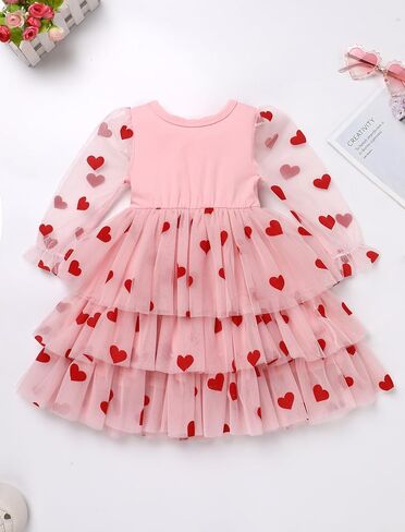 AWIBMK Kids Baby Girls Sheer Mesh Long Sleeve Tiered Tulle Tutu Dress Valentine's Day Birthday Party Cake Smash Outfits in Saudi Arabia