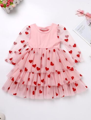 AWIBMK Kids Baby Girls Sheer Mesh Long Sleeve Tiered Tulle Tutu Dress Valentine's Day Birthday Party Cake Smash Outfits in Saudi Arabia