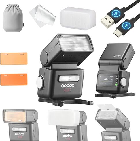 Godox IT32 كاميرا فلاش LCD تعمل باللمس، رأس فلاش مرن، عاكس وموزع مدمج، ضوء النمذجة LED، متوافق مع مشغلات فلاش Godox X5، X3، X2T، XPro، وXPro II in Kuwait