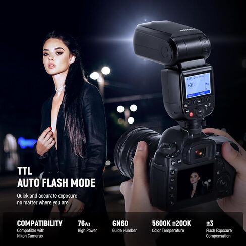 NEEWER NW700-N TTL Flash Speedlite متوافق مع كاميرات Nikon DSLR، مزامنة عالية السرعة 1/8000 ثانية، مخرج 1/1-1/256، وظيفة TCM، 230 فلاش طاقة كامل، إعادة تدوير سريعة 0.1-2.7 ثانية، البطاريات غير متضمنة in Kuwait