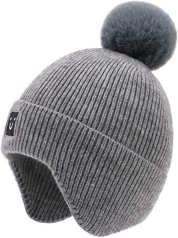 Baby Beanie with Ear Flaps pom pom Smiley Embroidery- Skin Friendly Fleece Lining Winter hat for Infant 0-24M in Saudi Arabia