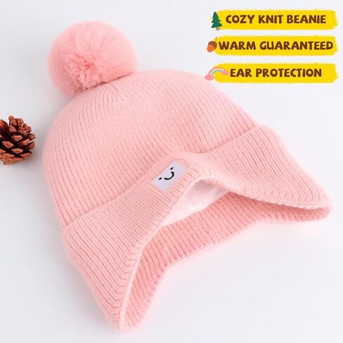 Baby Beanie with Ear Flaps pom pom Smiley Embroidery- Skin Friendly Fleece Lining Winter hat for Infant 0-24M in Saudi Arabia