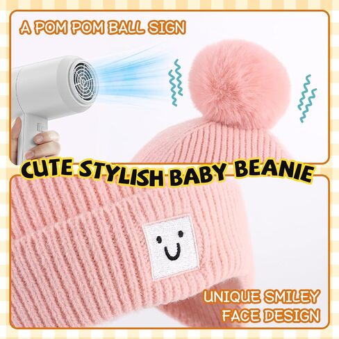 Baby Beanie with Ear Flaps pom pom Smiley Embroidery- Skin Friendly Fleece Lining Winter hat for Infant 0-24M in Saudi Arabia