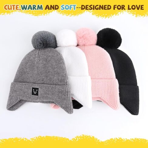 Baby Beanie with Ear Flaps pom pom Smiley Embroidery- Skin Friendly Fleece Lining Winter hat for Infant 0-24M in Saudi Arabia