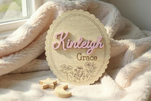 Personalized 3D Baby Name Sign with Floral Design, Scallop Engraved Birth Announcement Plaque, Baby Shower - Newborn Keepsake (Name + Stat Sign Bundle) in Saudi Arabia