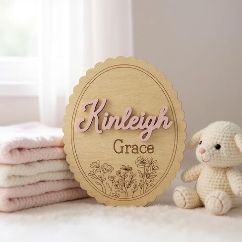 Personalized 3D Baby Name Sign with Floral Design, Scallop Engraved Birth Announcement Plaque, Baby Shower - Newborn Keepsake (Name + Stat Sign Bundle) in Saudi Arabia