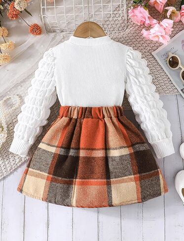 Happy Cherry Toddler Baby Girl Winter Fall Outfits Pompom Long Sleeve Knit Top & Tweed Plaid Mini Skirt Set 2T-8Y in Saudi Arabia