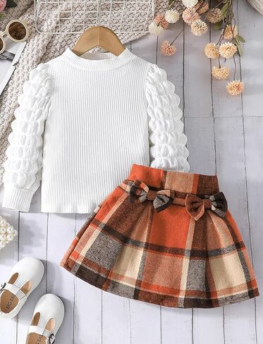 Happy Cherry Toddler Baby Girl Winter Fall Outfits Pompom Long Sleeve Knit Top & Tweed Plaid Mini Skirt Set 2T-8Y in Saudi Arabia