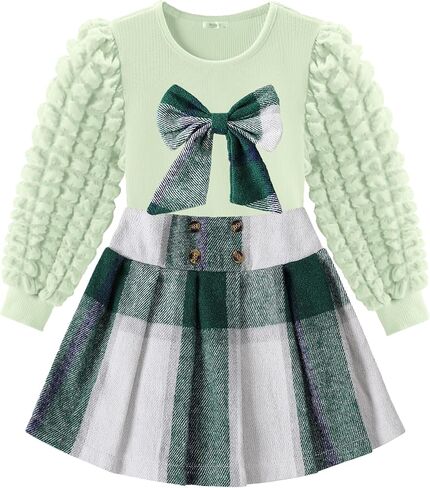 Toddler Girl Clothes Puff Long Sleeve Knit Top and Plaid Skort Set with Bowknot 2PC Girls Fall Outfits 2-8 Years in Saudi Arabia