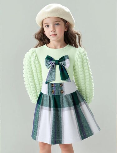 Toddler Girl Clothes Puff Long Sleeve Knit Top and Plaid Skort Set with Bowknot 2PC Girls Fall Outfits 2-8 Years in Saudi Arabia