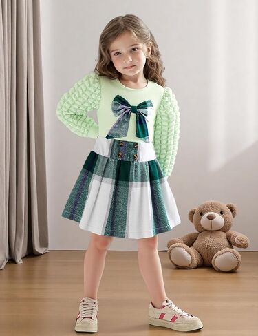 Toddler Girl Clothes Puff Long Sleeve Knit Top and Plaid Skort Set with Bowknot 2PC Girls Fall Outfits 2-8 Years in Saudi Arabia