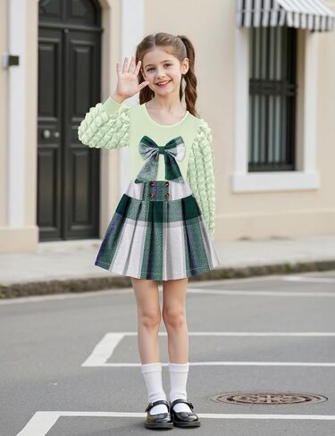 Toddler Girl Clothes Puff Long Sleeve Knit Top and Plaid Skort Set with Bowknot 2PC Girls Fall Outfits 2-8 Years in Saudi Arabia