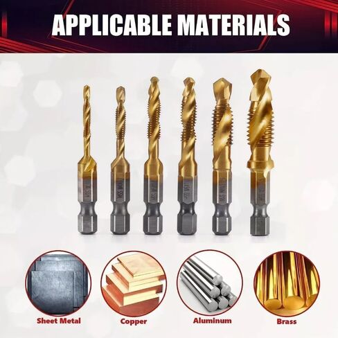 6 PCS Titanium-Coated Drill Bit Set, High Speed Steel Tap Drill Bit, Hex Shank M3 to M10 Sizes for Wood, Plastic & Metal, Quick Change in Saudi Arabia
