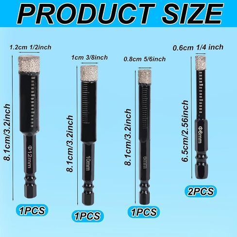 5pcs Diamond Drill Bits Set, 1/4 5/6 3/8 1/2 Inch Brazed Diamond Drill Bits 1/4 Inch Hex Shank Core Hole Saws for Precision Drilling in Tile Ceramic Glass Granite Marble Masonry in Saudi Arabia