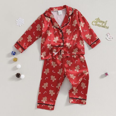 طقم بيجامات للكريسماس للأطفال الأولاد والبنات مطبوع على شكل ندفة الثلج وأكمام طويلة وأزرار للأسفل وبنطلون وسروال من الساتان لعيد الميلاد in Kuwait