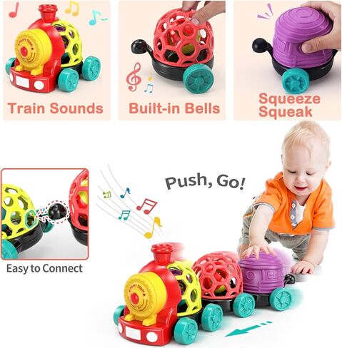 WEEJOYGAM Baby Train Toys, Infant Soft Cars Development Christmas Stocking Stuffers for Babies 6-12 Months Boy Birthday Gift, Toddler Sensory Musical Push Truck Ball Rattle for 7 8 9 10 11 12 18 Month in Kuwait