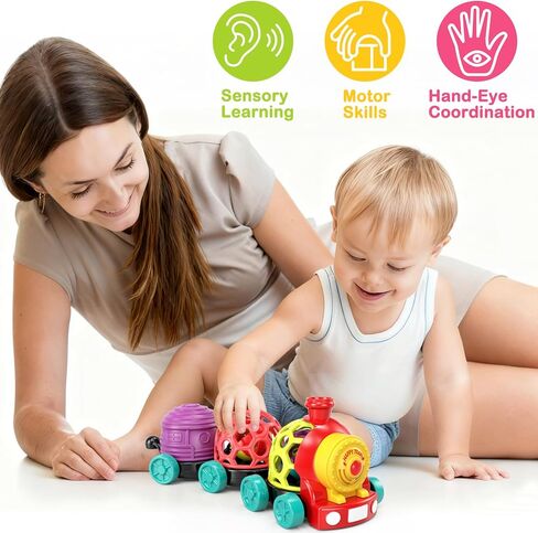 WEEJOYGAM Baby Train Toys, Infant Soft Cars Development Christmas Stocking Stuffers for Babies 6-12 Months Boy Birthday Gift, Toddler Sensory Musical Push Truck Ball Rattle for 7 8 9 10 11 12 18 Month in Kuwait