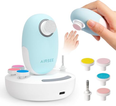 مجموعة مبرد أظافر كهربائية من AIRSEE Baby مع ضوء LED، مجموعة العناية بالأطفال الكهربائية الآمنة والسهلة لتشذيب الأظافر، 6 رؤوس بديلة وحقيبة تخزين، مقص لطيف لحديثي الولادة، أزرق فاتح in Kuwait