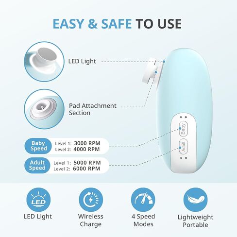 مجموعة مبرد أظافر كهربائية من AIRSEE Baby مع ضوء LED، مجموعة العناية بالأطفال الكهربائية الآمنة والسهلة لتشذيب الأظافر، 6 رؤوس بديلة وحقيبة تخزين، مقص لطيف لحديثي الولادة، أزرق فاتح in Kuwait