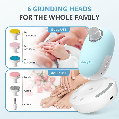 مجموعة مبرد أظافر كهربائية من AIRSEE Baby مع ضوء LED، مجموعة العناية بالأطفال الكهربائية الآمنة والسهلة لتشذيب الأظافر، 6 رؤوس بديلة وحقيبة تخزين، مقص لطيف لحديثي الولادة، أزرق فاتح in Kuwait