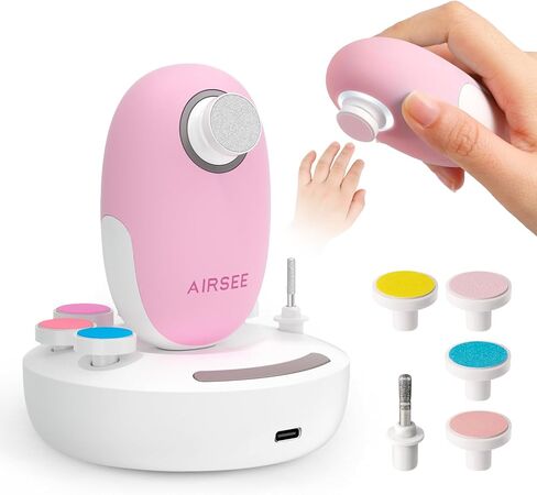 مجموعة مبرد أظافر كهربائية من AIRSEE Baby مع ضوء LED، مجموعة العناية بالأطفال الكهربائية الآمنة والسهلة لتشذيب الأظافر، 6 رؤوس بديلة وحقيبة تخزين، مقص لطيف لحديثي الولادة، أزرق فاتح in Kuwait