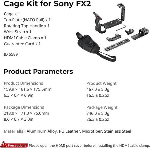SMALLRIG Camera Cage Kit for Sony FX2, HawkLock Quick Release Cage with Top Handle, Wrist Strap and Cable Clamp for HDMI,Built in NATO Rail/QR Plate for Arca, Compatible with Original XLR Handle in Kuwait