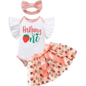Newborn Baby Girls Half First Birthday Outfit 1st Birthday Romper Tulle Tutu Skirt with Headband Sets in Kuwait