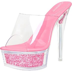 صنادل Fantoesay النسائية ذات الكعب العالي اللامعة ذات المنصة اللامعة - شفافة لامعة 5 بوصات + كعب مثير سهل الارتداء in Kuwait