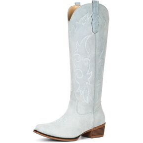 Suede Cowboy Boots for Women Knee High Western Cowgirl Boots Pointed Toe Low Heel Classic Embroidered Boot in Kuwait