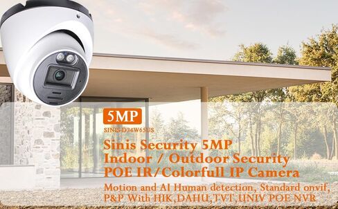 كاميرا IP للأمان بدقة 5 ميجابكسل من Sinis، كاميرا مراقبة خارجية داخلية PoE، سلكية تعمل فقط مع NVR، رؤية ليلية ذكية بالأشعة تحت الحمراء بطول 100 قدم، كشف الإنسان والحركة، IP67، عدسة 2.8 مم، ميكروفون مدمج in Kuwait