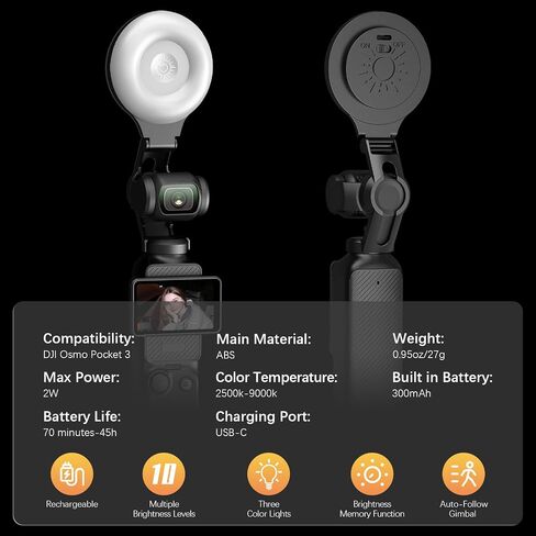 LED Light for DJI OSMO Pocket 3 Accessories, Auto-Follow Gimbal Selfie Vlog Video Auxiliary Fill Lighting, CRI≥95, 3-Color Temp 2500-9000K Brightness Adjustable, 2W USB-C (Black) in Saudi Arabia