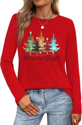 Women's Christmas Shirts Long Sleeve Merry Christmas Tree Shirts for Women Xmas Holiday Party Tees Tops in Saudi Arabia