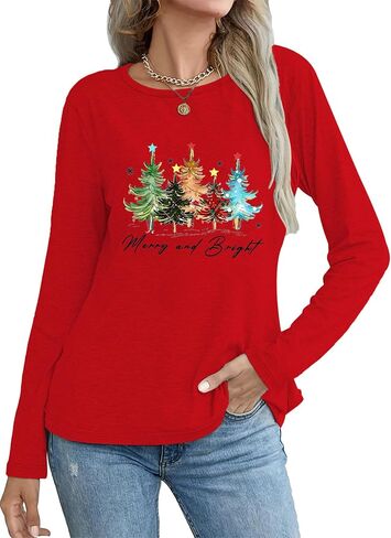 Women's Christmas Shirts Long Sleeve Merry Christmas Tree Shirts for Women Xmas Holiday Party Tees Tops in Saudi Arabia