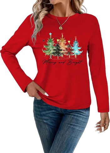 Women's Christmas Shirts Long Sleeve Merry Christmas Tree Shirts for Women Xmas Holiday Party Tees Tops in Saudi Arabia