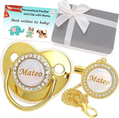Personalized Pacifier with Name, Bling Gold Pacifier Clip Set with Gift Box Greeting Card, Glitter Crystal Luxurious Soother Dummy Ideal Gift for Boys Baby Shower Newborn Photography(Gold) in Kuwait