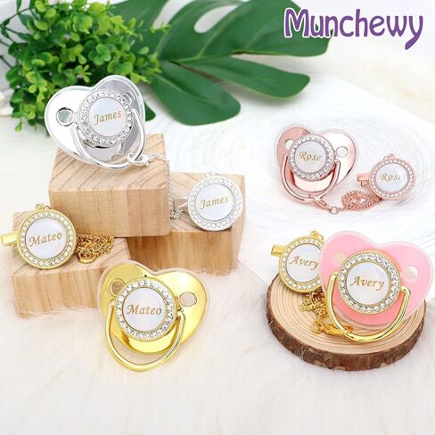 Personalized Pacifier with Name, Bling Gold Pacifier Clip Set with Gift Box Greeting Card, Glitter Crystal Luxurious Soother Dummy Ideal Gift for Boys Baby Shower Newborn Photography(Gold) in Kuwait