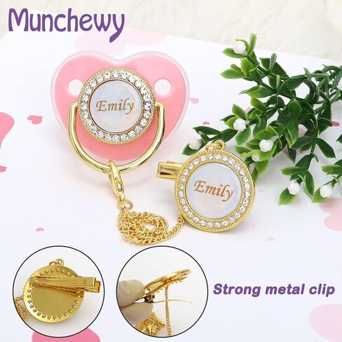 Personalized Pacifier with Name, Bling Gold Pacifier Clip Set with Gift Box Greeting Card, Glitter Crystal Luxurious Soother Dummy Ideal Gift for Boys Baby Shower Newborn Photography(Gold) in Kuwait