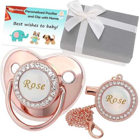 Personalized Pacifier with Name, Bling Gold Pacifier Clip Set with Gift Box Greeting Card, Glitter Crystal Luxurious Soother Dummy Ideal Gift for Boys Baby Shower Newborn Photography(Gold) in Kuwait
