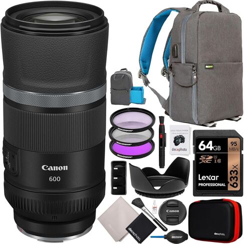 عدسة Canon RF 600mm F11 IS STM خفيفة الوزن فائقة التقريب لكاميرات RF بدون مرآة | ضبط تلقائي للصورة STM هادئ وسلس للفيديو/اللقطات الثابتة | حزمة الحياة البرية والرياضة مع حقيبة ظهر Deco Gear + حزمة أدوات التصفية in Kuwait