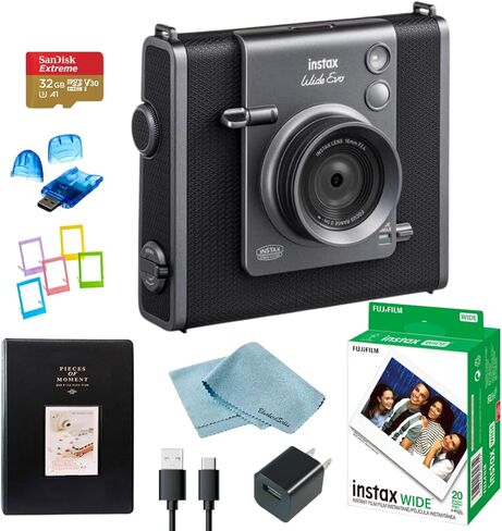 مجموعة كاميرا Fujifilm Instax Wide Evo Hybrid للأفلام الفورية + فيلم Fujifilm Wide Film (20 ورقة)، بطاقة SanDisk microSD سعة 32 جيجابايت، قارئ بطاقات، ألبوم وإطارات، كابل USB-C، قابس حائط وقماش BluebirdSales in Saudi Arabia